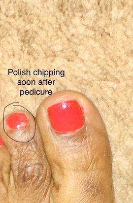 Polish chipping on left foot soon after pedicure.