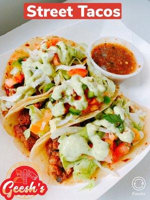 Our Street tacos come with either grilled steak or chicken. And served on a hand crafted flour tortilla.