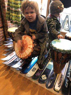 Everyone's Drumming! Handmade, local djembes and ashikos, made locally by Nathaniel Hall, are available here! Come try one out!