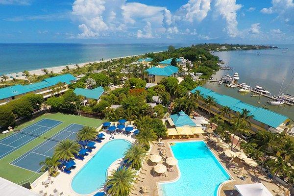 Aerial view of 'Tween Waters Island Resort & Spa on Captiva Island, Floridia. Nestled between Pine Island Sound and the Gulf of Mexico