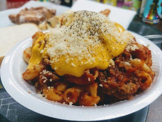 The Sunday special goulash--"with cheese" means nacho cheese.  My hub'ster loved it.  I'll get one sans-cheese next time. :-P