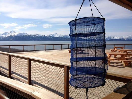 A lantern net on display in front of the co-op's deck where you can sit at the picnic tables and shuck your own oysters.