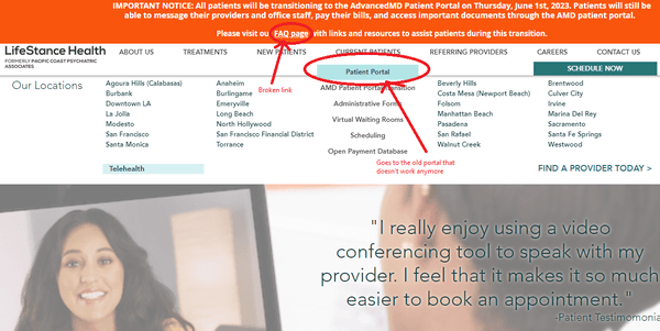 The homepage, rife with broken links -- that have been broken for MONTHS, for something as important as the patient portal!