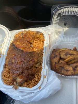 Jollof with baked chicken and plantain