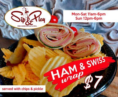 Ham & Swiss Wrap $7
served with chips and a pickle.