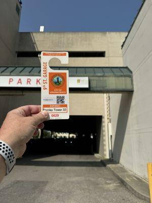 Barkley Towers parking garage. Barkley Towers parking placard.