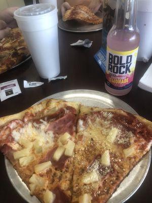 Hawaiian pizza and hard raspberry lemonade