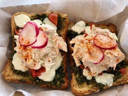 Caprese with pesto and yummy chicken salad topped with a little cayenne