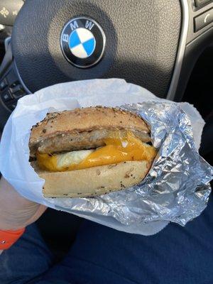 Sausage egg and cheese on an everything bagel