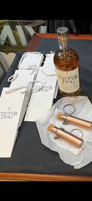 Scotch whisky tasting table and some freebies when you purchase a bottle.  Copper 750 ml. Cooper Dog Whisky