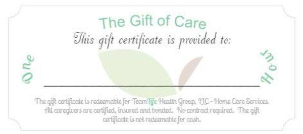 When gift giving, consider the GIFT of CARE.  Contact us for our Certificates of 1, 2 and 3 hour service packages