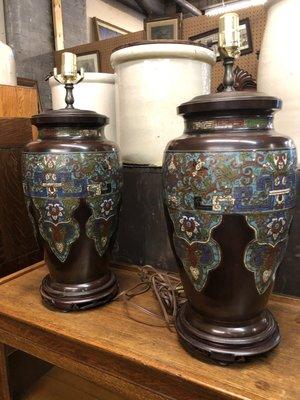 Pair of oriental Champleve Lamps