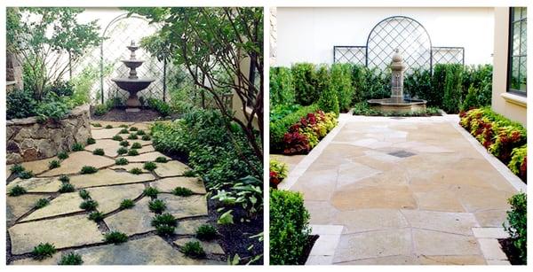 Before and after of a Charleston-style courtyard in the Woodlands.