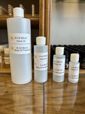 Bottle sizes and prices for home oil and body oil fragrances. Sold separately.