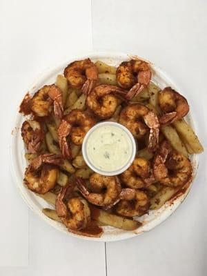 Top deli jumbo shrimp  platter. Over French fries  or rise $899