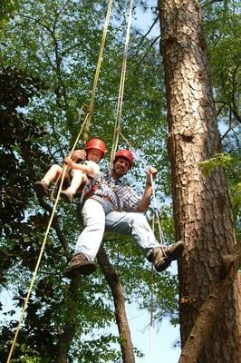 Father and daughter climbing a tall pine tree