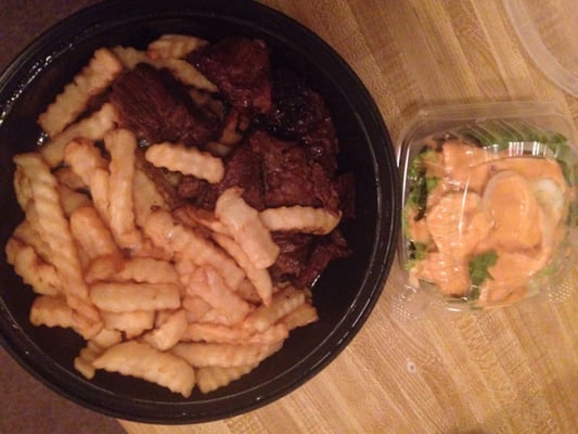 Steak tip dinner w/ soaked fries & side salad.