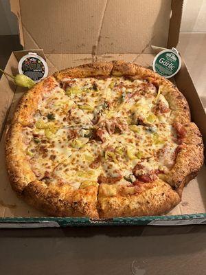 Door Dash Delivery - Spicy Garlic Stuffed Crust with Pepperoni, Jalapeno Peppers, Baby Portabello Mushrooms, and Banana Peppers - Good Pizza