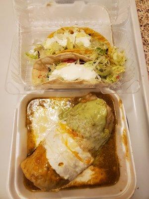 2 fish tacos, one wet green asada burrito