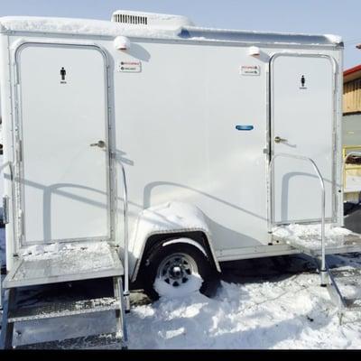 Restroom trailers for use on construction sites.