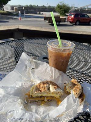 Cold Brew (w/ espresso, vanilla, milk) Breakfast Sandwich (saysage, everything bagel)