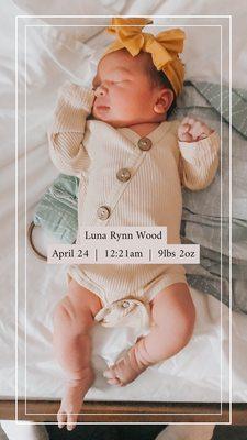 Luna's first outfit and first ever photo at the birthing center.