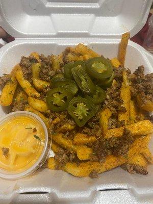 Not 'cho Fries topped with Ground Beef and Jalapenos