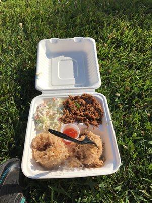 Our adobo pork meal, quite good and came with two lumpias