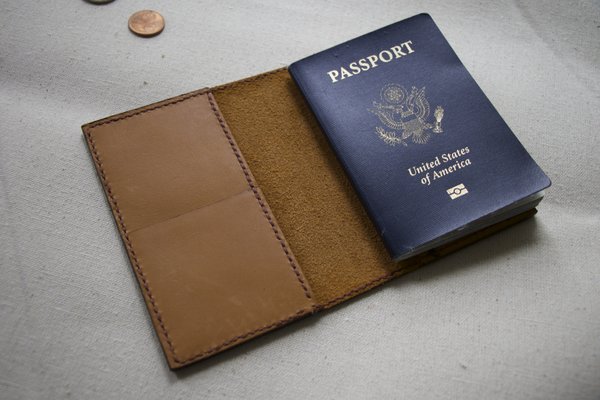 Handcrafted Leather Passport Cover with credit card compartment. Dark Brown, Light Brown, Red, Navy Blue, Light Blue, Black. Personalized