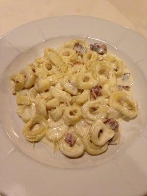 Three Cheese Tortellini with baby shrimp and bacon in a lovely cream sauce. I ate every bite, and then was tempted to lick the plate. Yum!