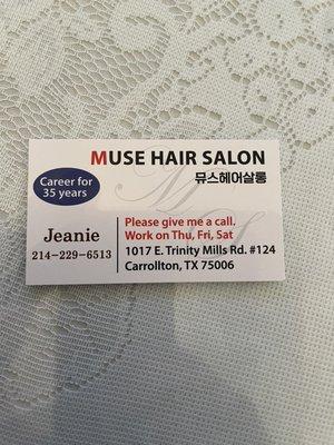 Jeanie is back to cutting hair at Muse Hair Salon from Thursday to Saturday. It's still the same great haircut.