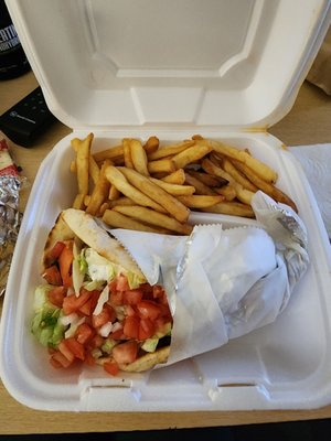 Lamb and beef gyro with a side of fries.