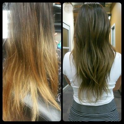 Before & after: root touch up, low lights, balayage  highlights, and toning -by Nini