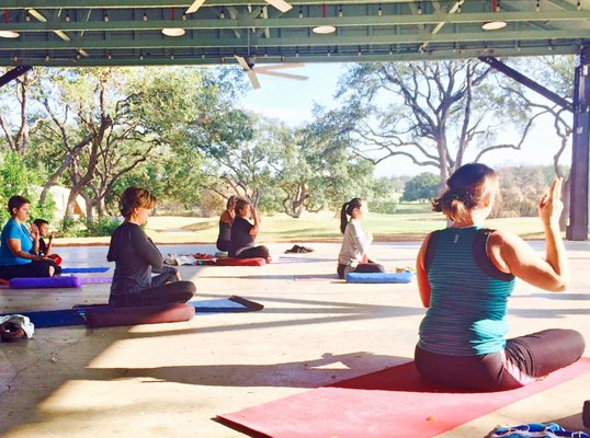 Sun is shining, Yoga with a View at the beautiful Hyatt Hill Country Resort Luckenbach Pavilion.