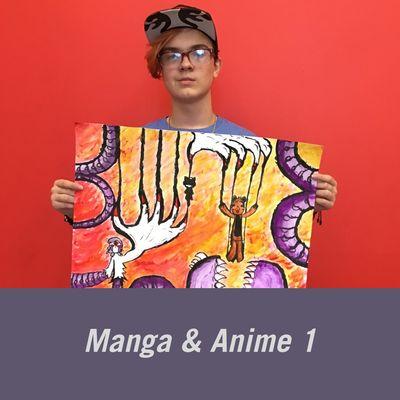 Giancarlo, age 14, and his Manga painting inspired by Japanese Folklore. This is an example of a project you might see in our Manga camps!