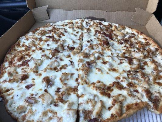 Lg thin crust chicken ,bacon and white sauce