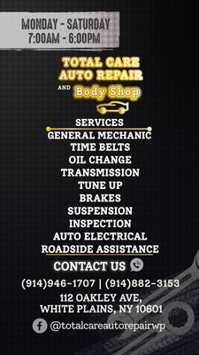 total care auto repair body shop white plains NY services general mechanic time belts oil change transmission tune up brakes suspension