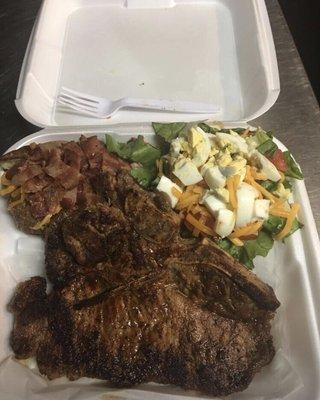 Rib-Eye Stake with side Salad and Loaded Potato