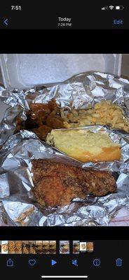 Yams, Baked Macaroni and cheese, Cornbread, and Candied Chicken Breast