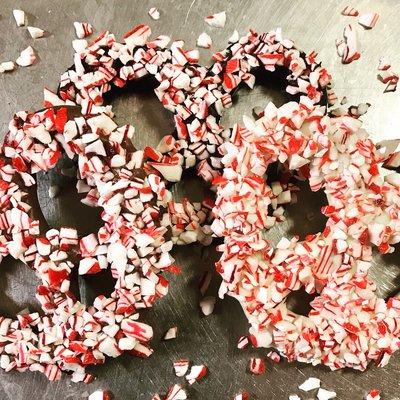 Our homemade candy cane topped pretzels.