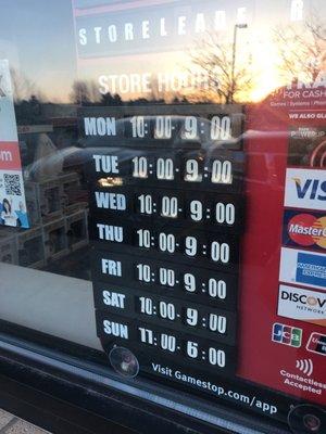 Store hours and credit cards accepted.