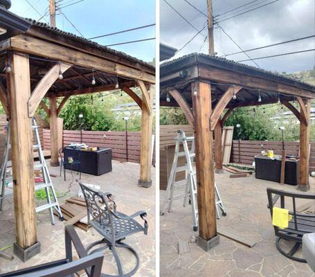 Sanding and staining the gazebo.