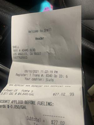 Receipt showing time , not the correct dollar amount I wanted, and wrong pump