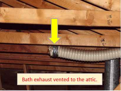 This bathroom exhaust was found to be vented to the attic. Bathroom exhaust fans need to be vented to the exterior of the home.