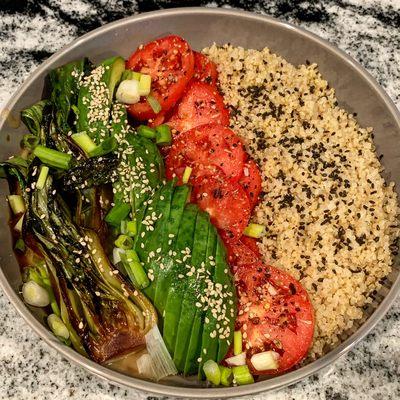 Wild quinoa|everything tomatoes|coconut sesame avocado|braised bok choy with miso broth