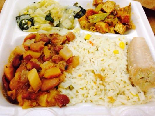 Vegetarian Meal: Bok Choy, Tofu, Stew Peas, Rice with boiled banana.