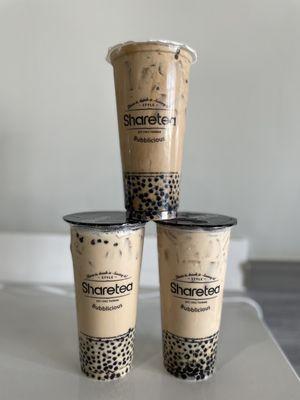 Hokkaido milk tea w/ mini pearls (top) Honey milk tea w/ mini pearls (right) Classic pearl milk tea w/ mini pearls (left)