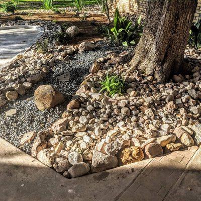 Backyard shaded rock garden w/ dry river bed