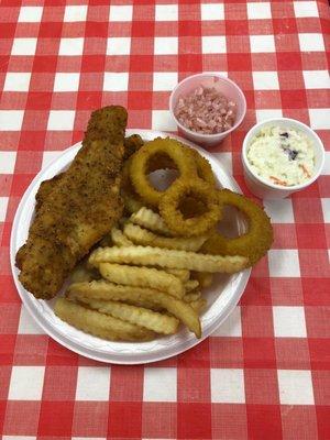 Fish, Onion Rings, Fries, Coleslaw, Pickled Onions