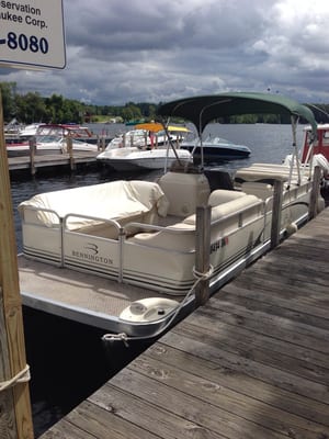 Captain Sandy's boat for the ride. Well maintained and equipped with blankets should it get a little chilly on the lake.